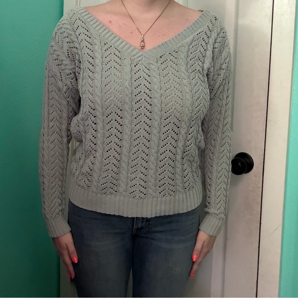 V-Neck Knit Sweater - sage green